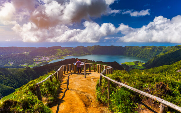 Beautiful view of Santiago Lake "Lagoa de Santiago " from Hell Mouth viewpoint "Miradouro Boca do Inferno" in São Miguel Island, Azores, Portugal. Lakes of Santiago and Sete Cidades, Azores, Portugal
